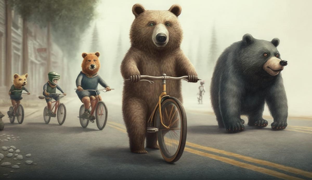 bears were riding a bicycle, followed by a cat backwards