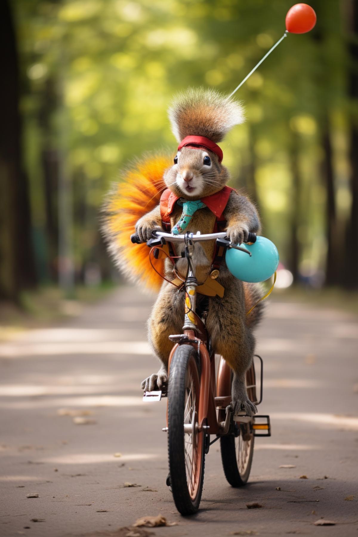 Clown squirrel rides a bicycle in the park