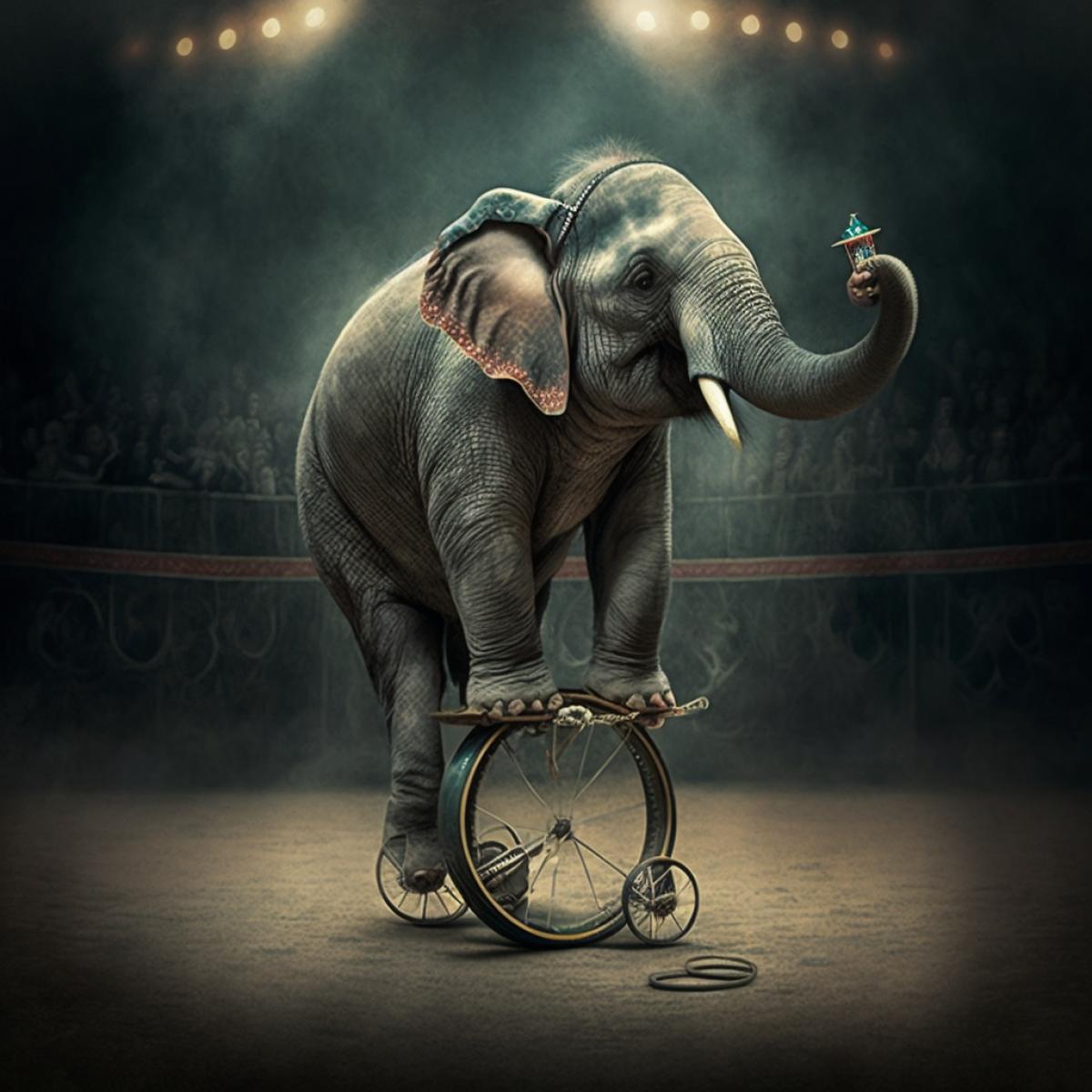 A humanoid elephant riding a unicycle in a circus ring