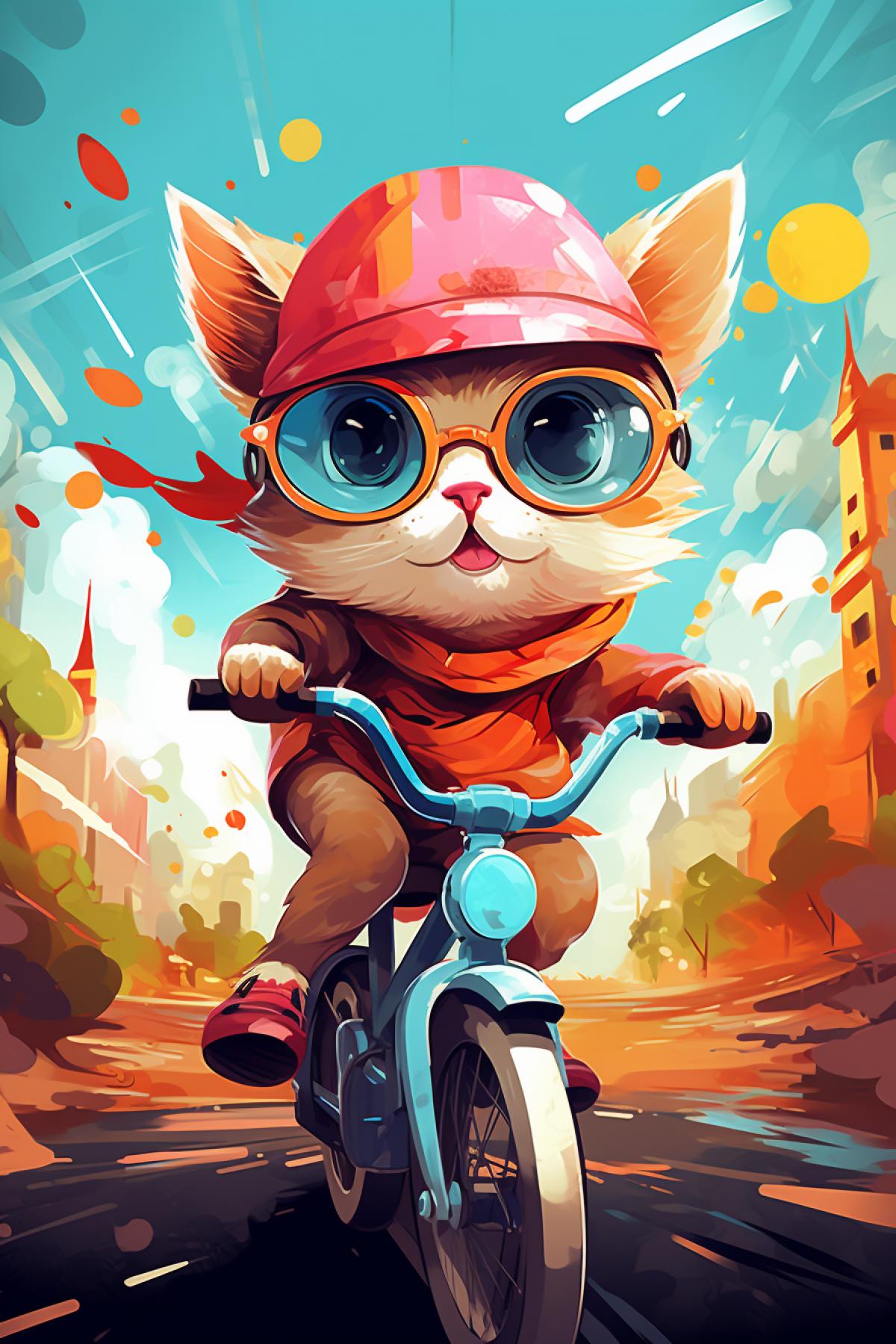 Cartoon-style, a cat riding a bicycle, facing backward, playful and whimsical, vibrant colors, exaggerated features, comical expression, cheerful atmosphere, cel-shaded, dynamic motion, reminiscent of classic animated scenes.