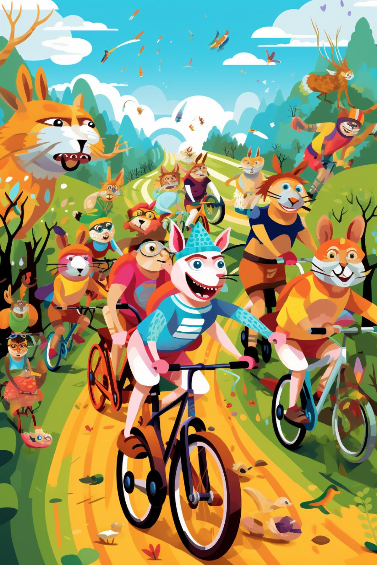 Capture the excitement of animal cyclists in a colorful and lively scene. Illustrate a group of joyful, anthropomorphic animals pedaling their bicycles through a whimsical landscape. Emphasize their expressions of determination and exhilaration as they race and perform stunts. Incorporate a variety of animals on bikes, from a determined tortoise to a high-flying squirrel. Use a vivid and playful color palette to bring this cheerful competition to life. Make the viewers feel the wind in their fur and the thrill of the ride as they cheer on these animal cyclists in this whimsical and action-packed scene.