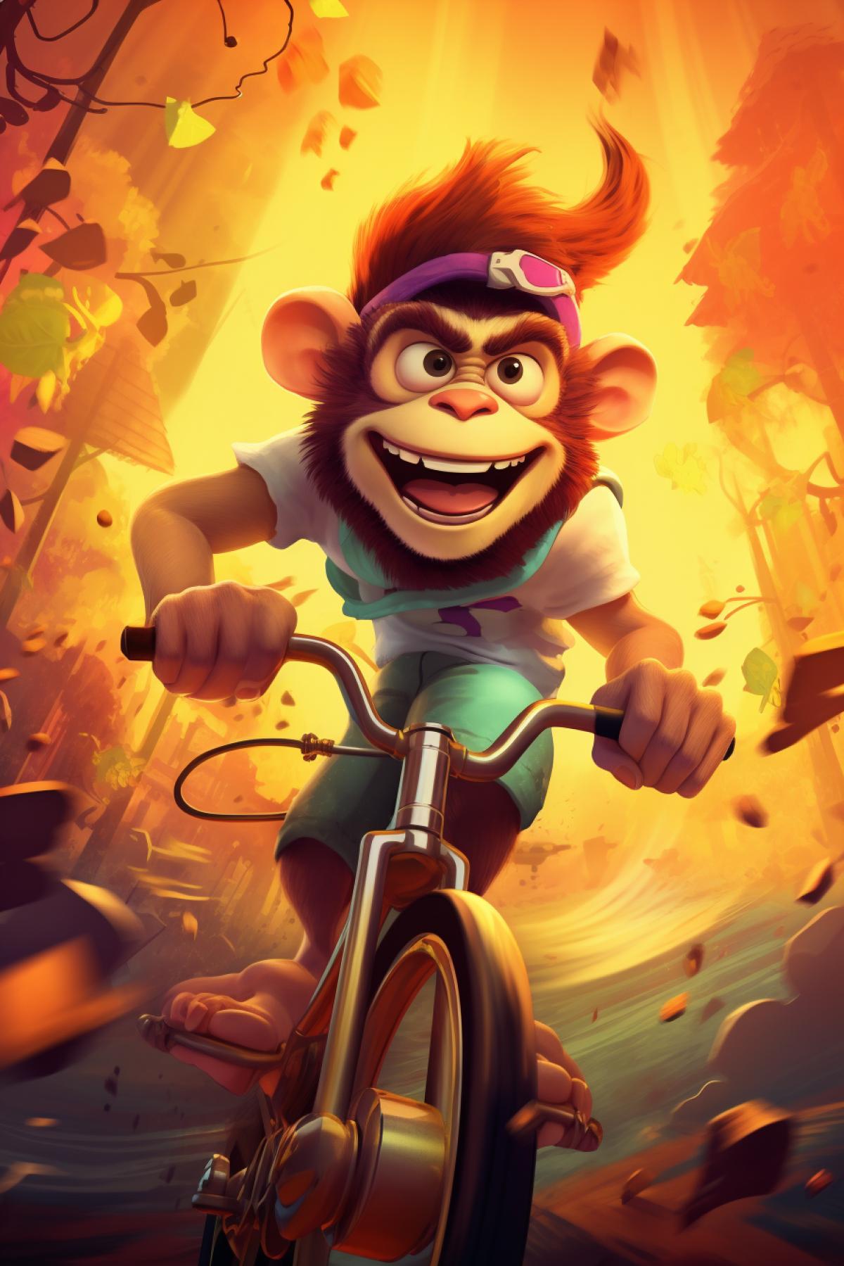 Prompt: . . Bright and joyful image of a manic monkey riding a bicycle. The monkey is speeding along, with other quirky animals scampering in every direction. In a lively, animated, and colorful cartoon style, reminiscent of classic hand-drawn animation like Disney or Looney Tunes.