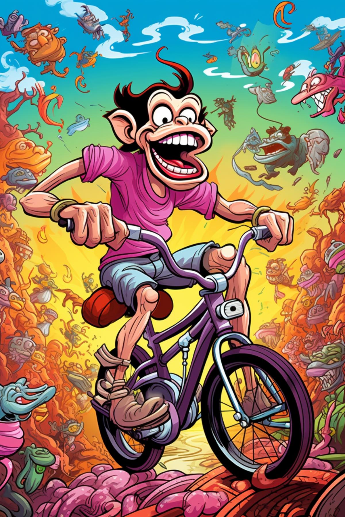 Prompt: . . Bright and joyful image of a manic monkey riding a bicycle. The monkey is speeding along, with other quirky animals scampering in every direction. In a lively, animated, and colorful cartoon style, reminiscent of classic hand-drawn animation like Disney or Looney Tunes.