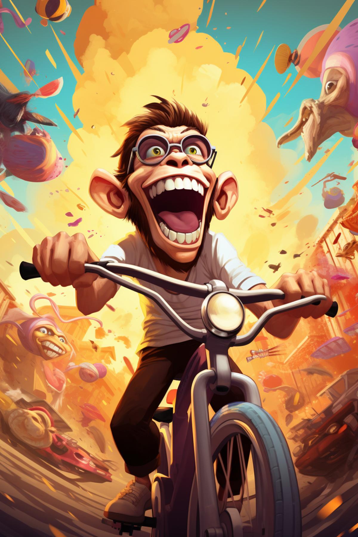 Prompt: . . Bright and joyful image of a manic monkey riding a bicycle. The monkey is speeding along, with other quirky animals scampering in every direction. In a lively, animated, and colorful cartoon style, reminiscent of classic hand-drawn animation like Disney or Looney Tunes.