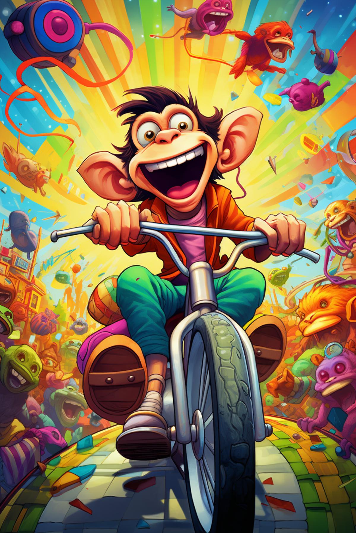Prompt: . . Bright and joyful image of a manic monkey riding a bicycle. The monkey is speeding along, with other quirky animals scampering in every direction. In a lively, animated, and colorful cartoon style, reminiscent of classic hand-drawn animation like Disney or Looney Tunes.
