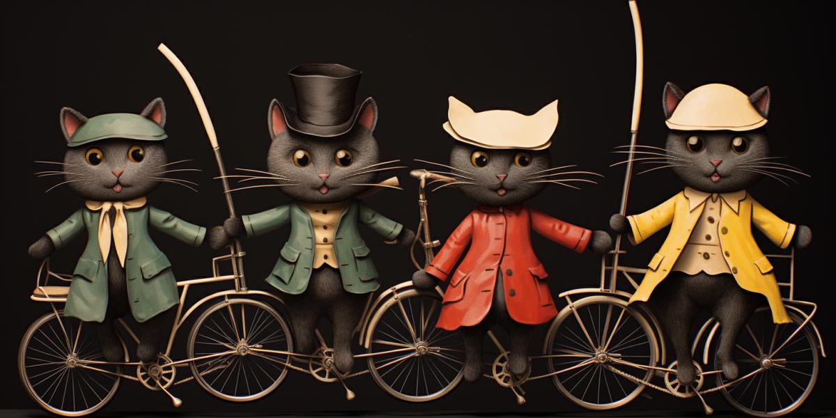 cat cycling quartet vintage, in the style of hauntingly beautiful illustrations, animated gifs, joyful whimsicality, crimson and dark, creative commons attribution, paris school, found-object-centric