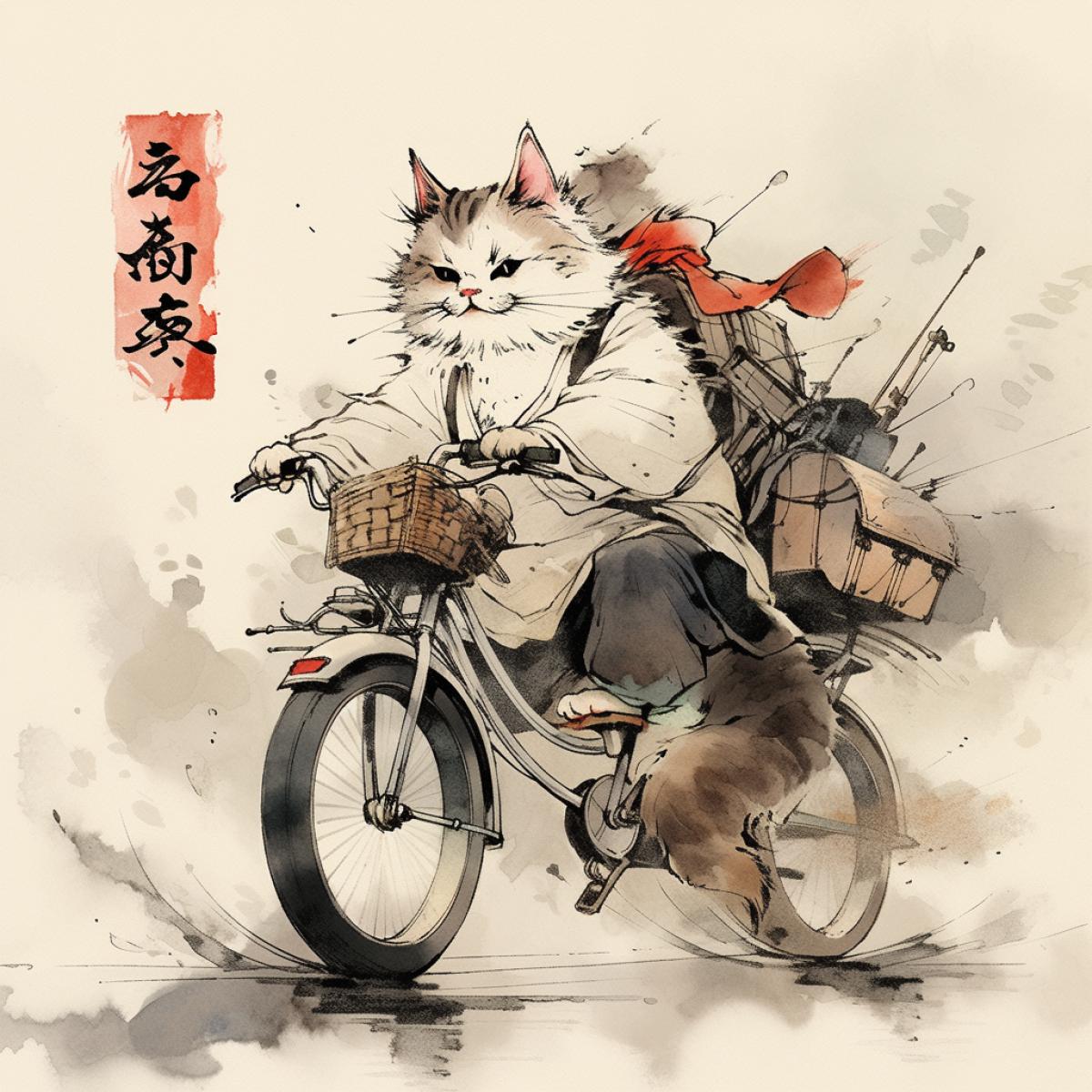 cat on a bike ride, Chinese ink, Gohua painting by Gu Yingzhi