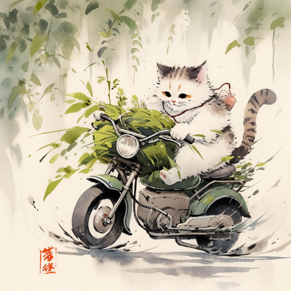 cat on a bike ride, Chinese ink, Gohua painting by Gu Yingzhi