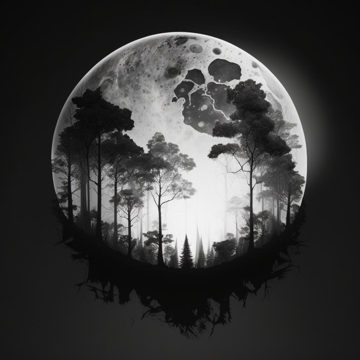 Create a surreal dark and white double exposure photo of a giant moon and night forest. The background should be minimalistic and dark