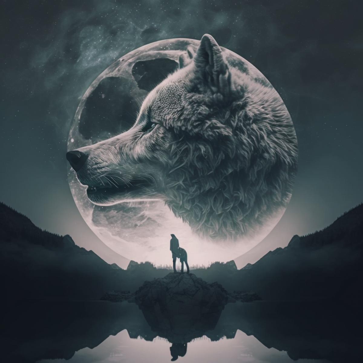Create a surreal double exposure photo of a giant moon and a grey wolf. The background should be minimalistic and starry