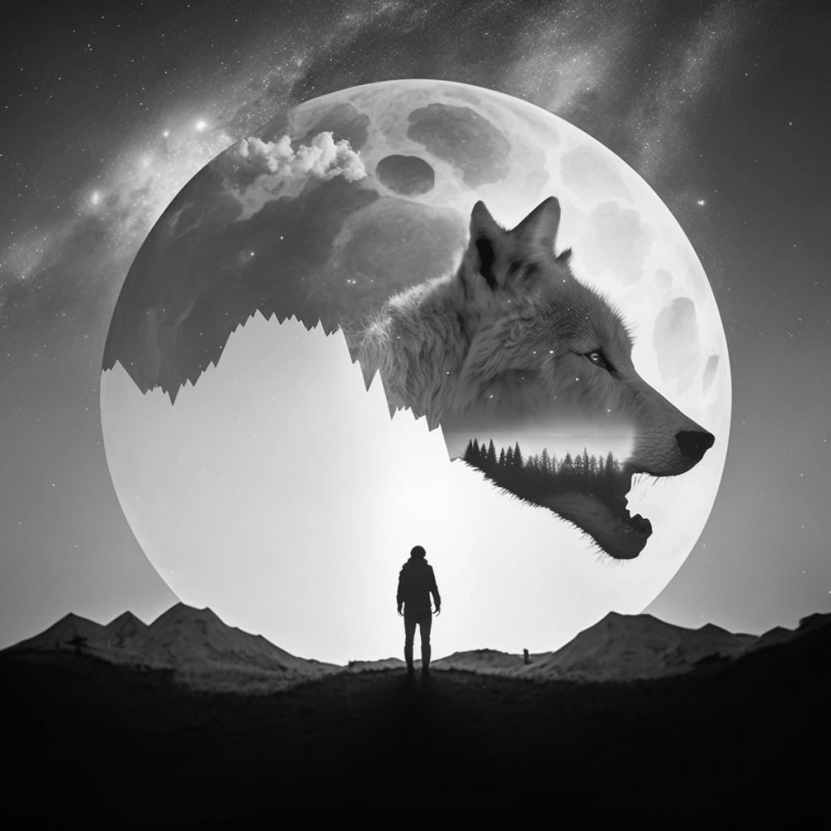 Create a surreal double exposure photo of a giant moon and a grey wolf. The background should be minimalistic and starry