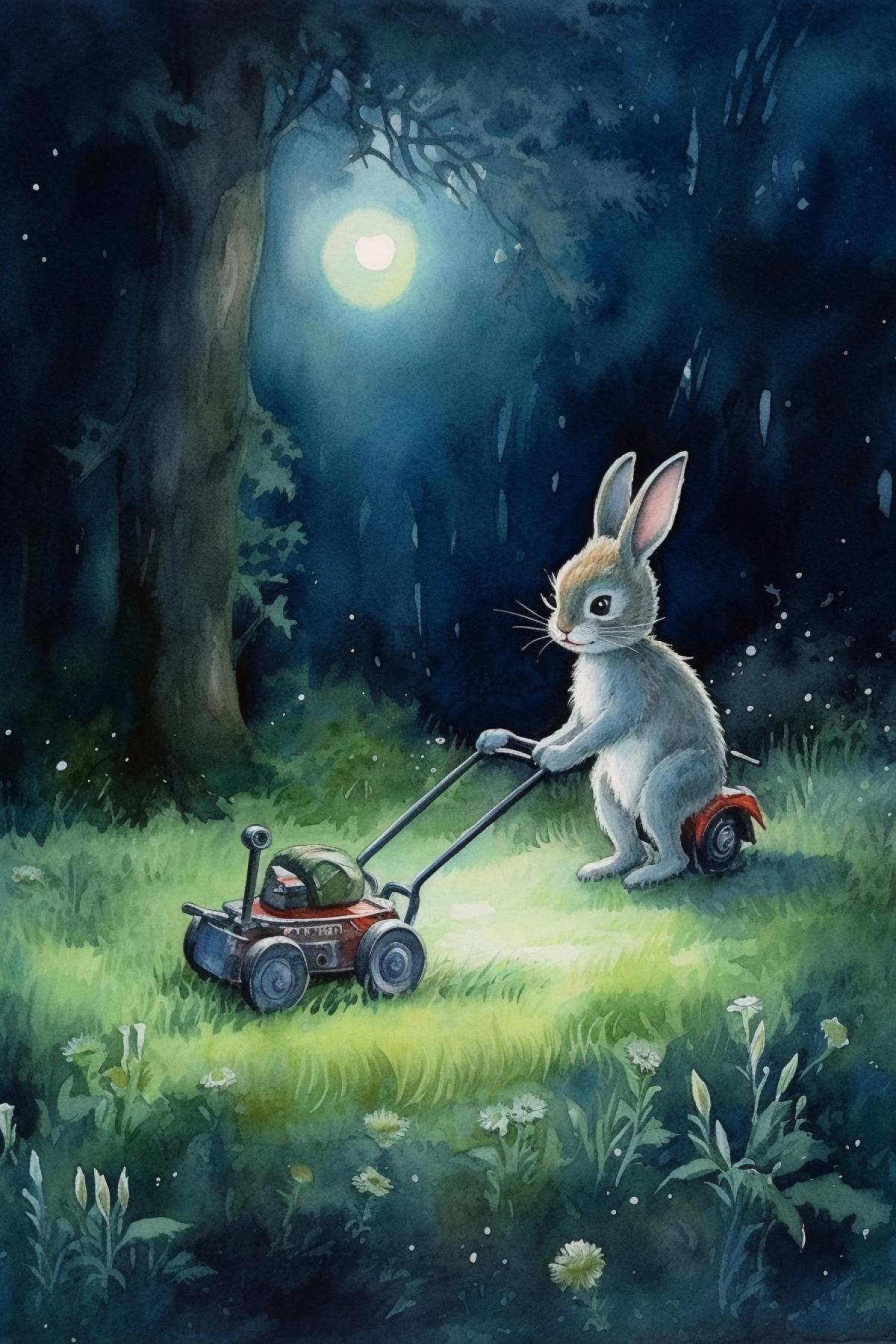 beautiful moon, night, hare with a lawnmower, clearing in the forest, fairy-tale atmosphere, fantasy, watercolor