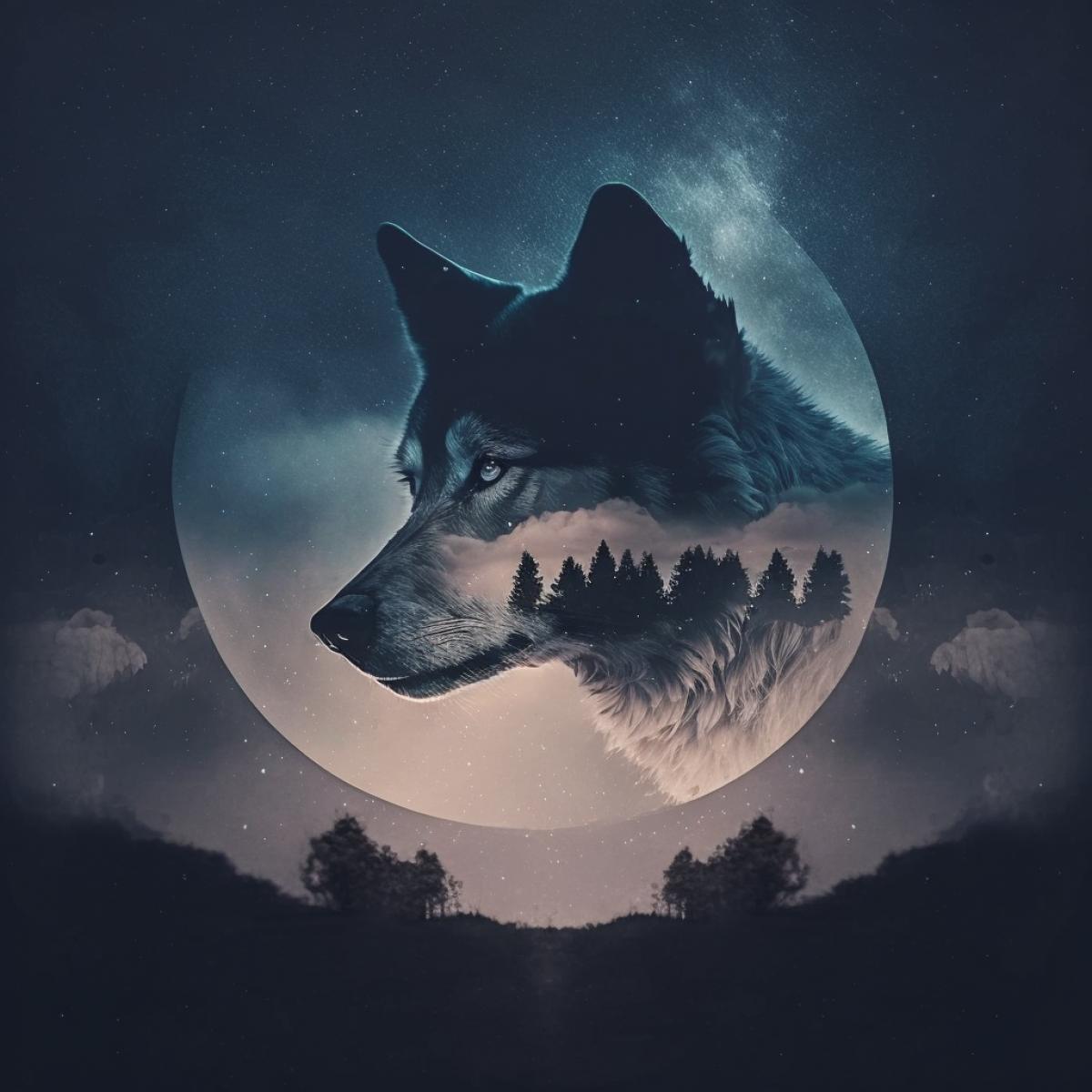 Create a surreal double exposure photo of a wolf and a moon with stars. The background should be minimalistic and starry