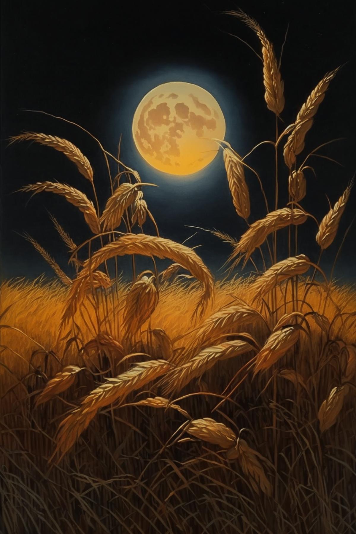 Field of golden crops, dark moonlit night, Kurosawa style, gold and dark