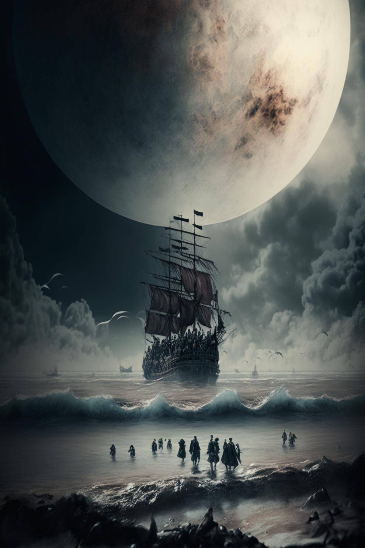 Cinematic look, high definition. Multidimensional picture. There is a clear sea in the center. Ships with white sails are sailing to the shore. On the sandy shore there are people in dark clothes. moon in the sky without clouds. photo realistic, hyperrealistic, crazy details, photo shoot, depth of field ::1