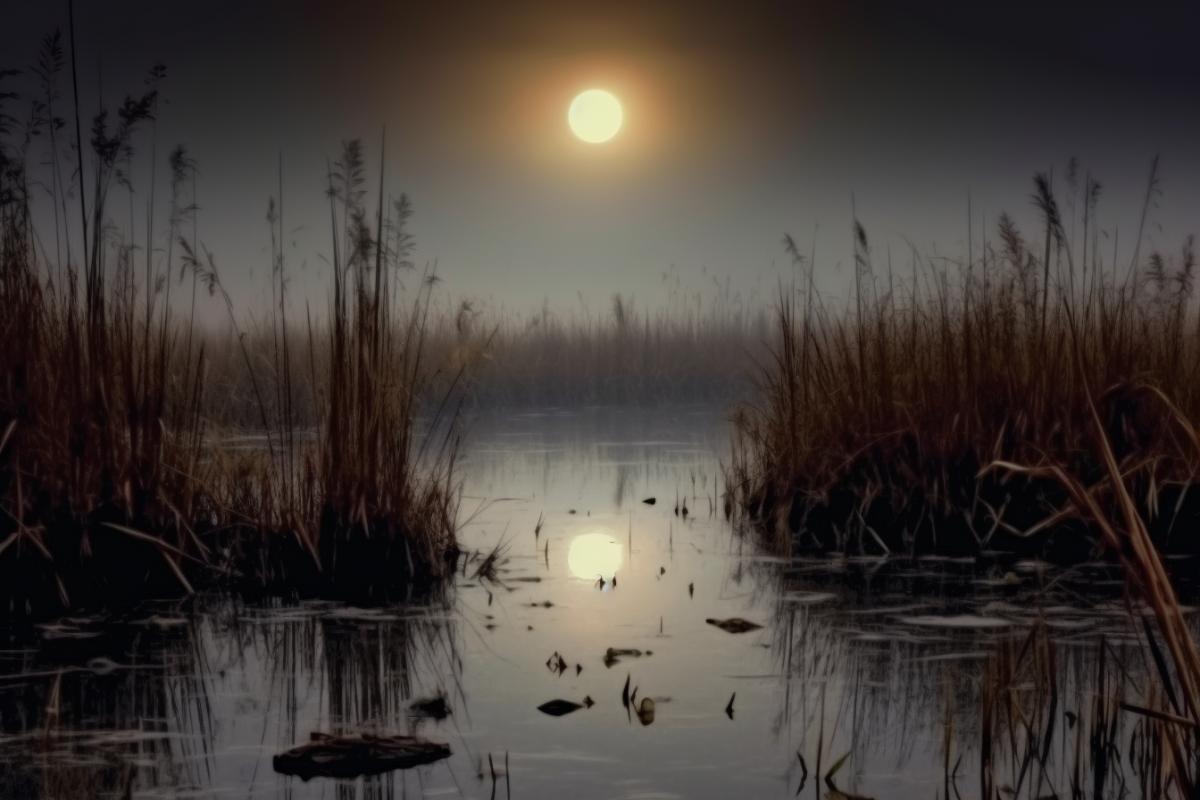 Moonlit night, full moon, witchcraft on a foggy swamp