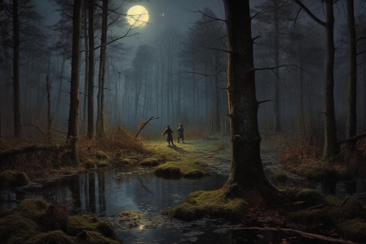 Moonlit night, full moon, witchcraft on a foggy swamp