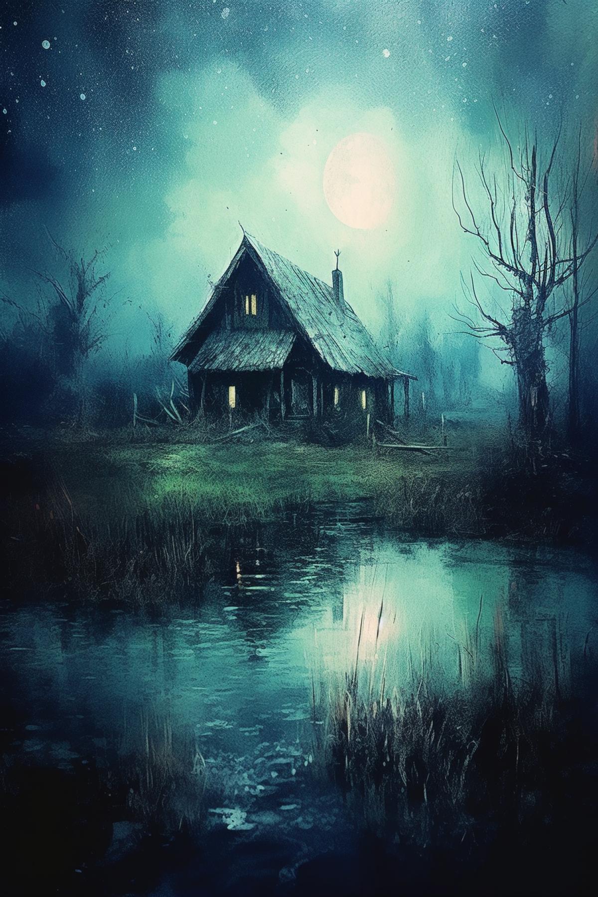 Mysterious night in a swamp, fog, big moon, abandoned hut