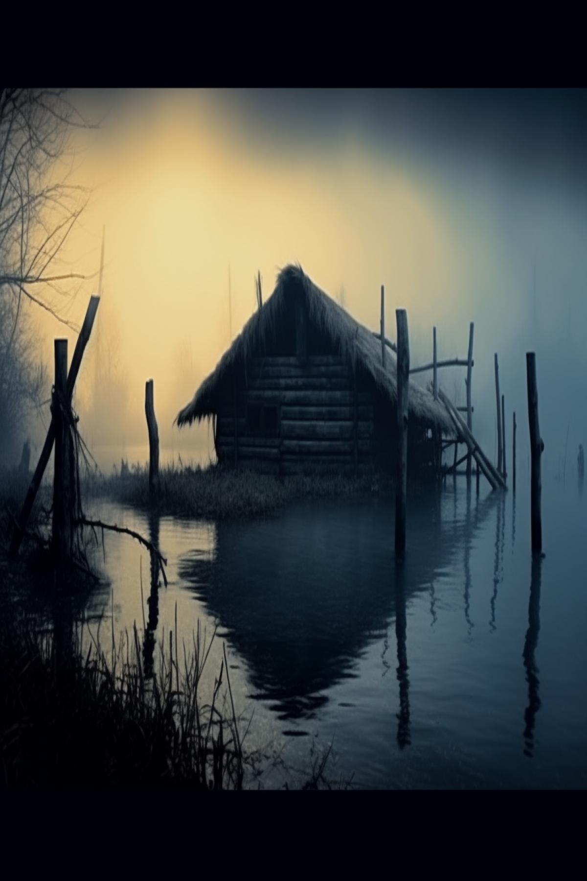 Mysterious night in a swamp, fog, big moon, abandoned hut