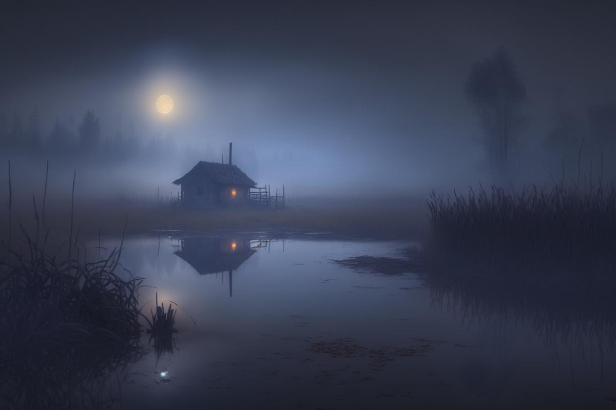 Mysterious night in a swamp, fog, big moon, abandoned hut