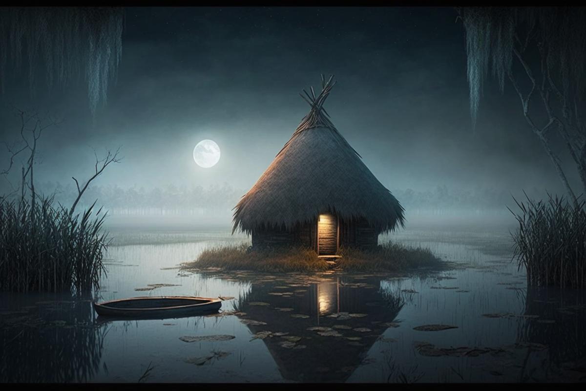 Mysterious night in a swamp, fog, big moon, abandoned hut