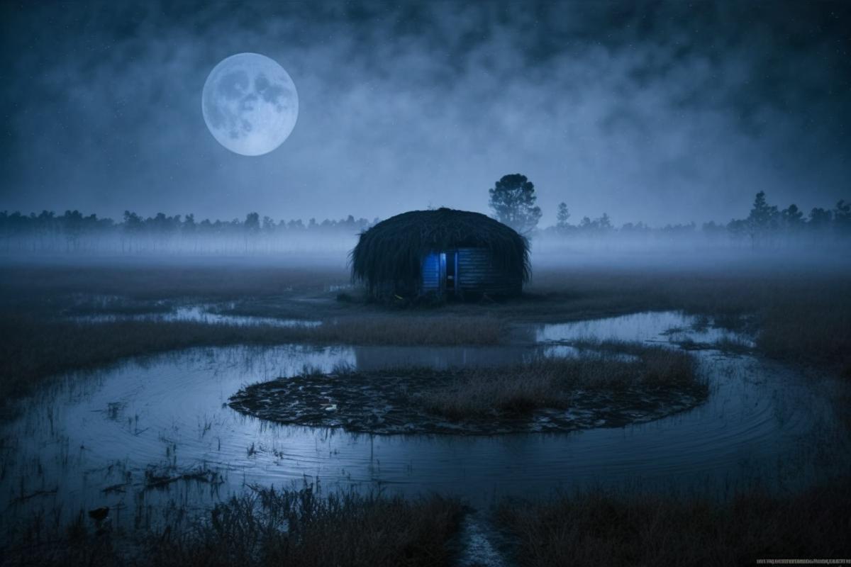 Mysterious night in a swamp, fog, big moon, abandoned hut