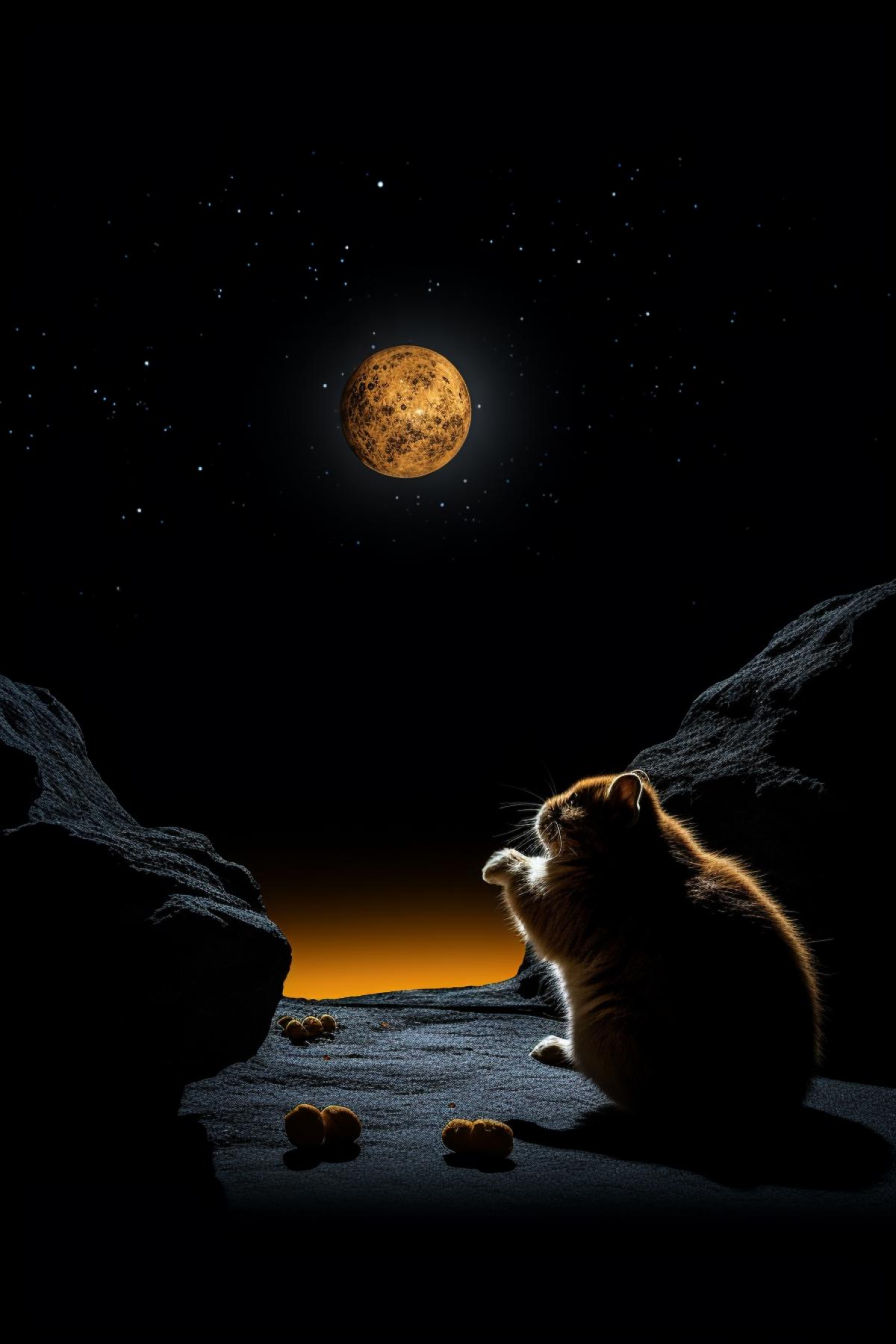A hamster eats a nut and is silhouetted against the moon on a dark night