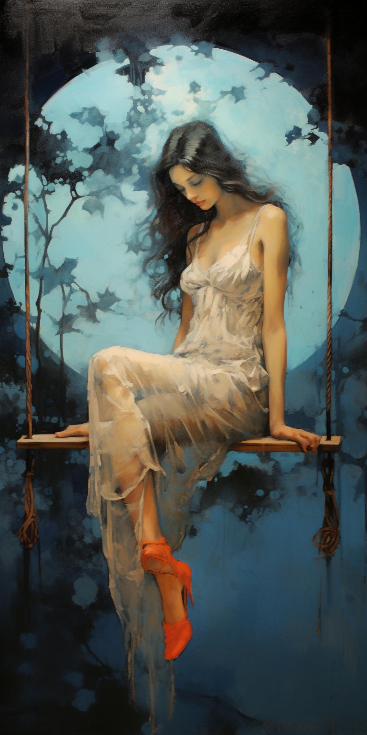 magic-hour painting, hard pastels and charcoal and watercolor sketch depicting a beautiful woman on a swing made of vines under a full blue moon star-filled sky, by Conrad Roset and Odilon Redon and Lea Nahon and Sara Andreasson