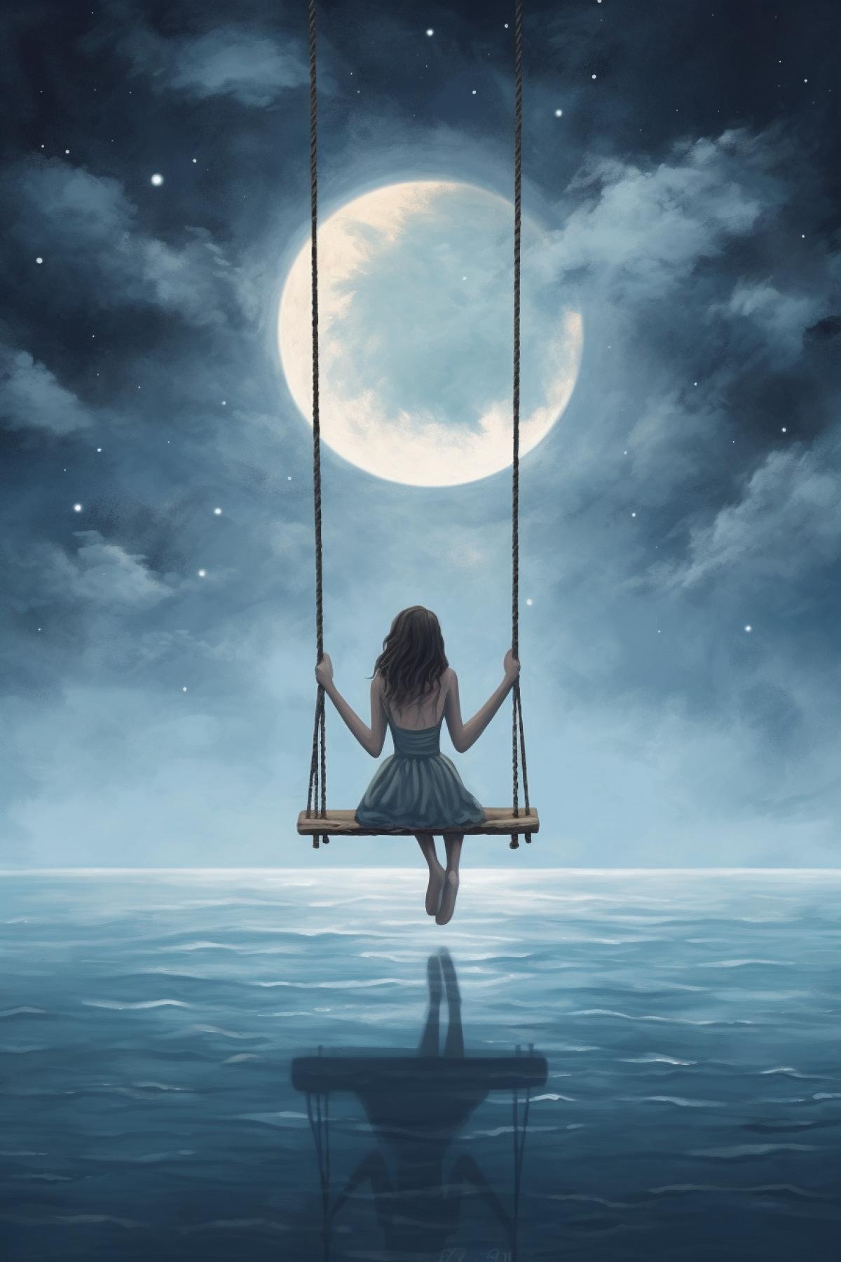 Moon Lunar path across the sea. Girl over the sea on a swing. Realism. The word FEEL. Pastel