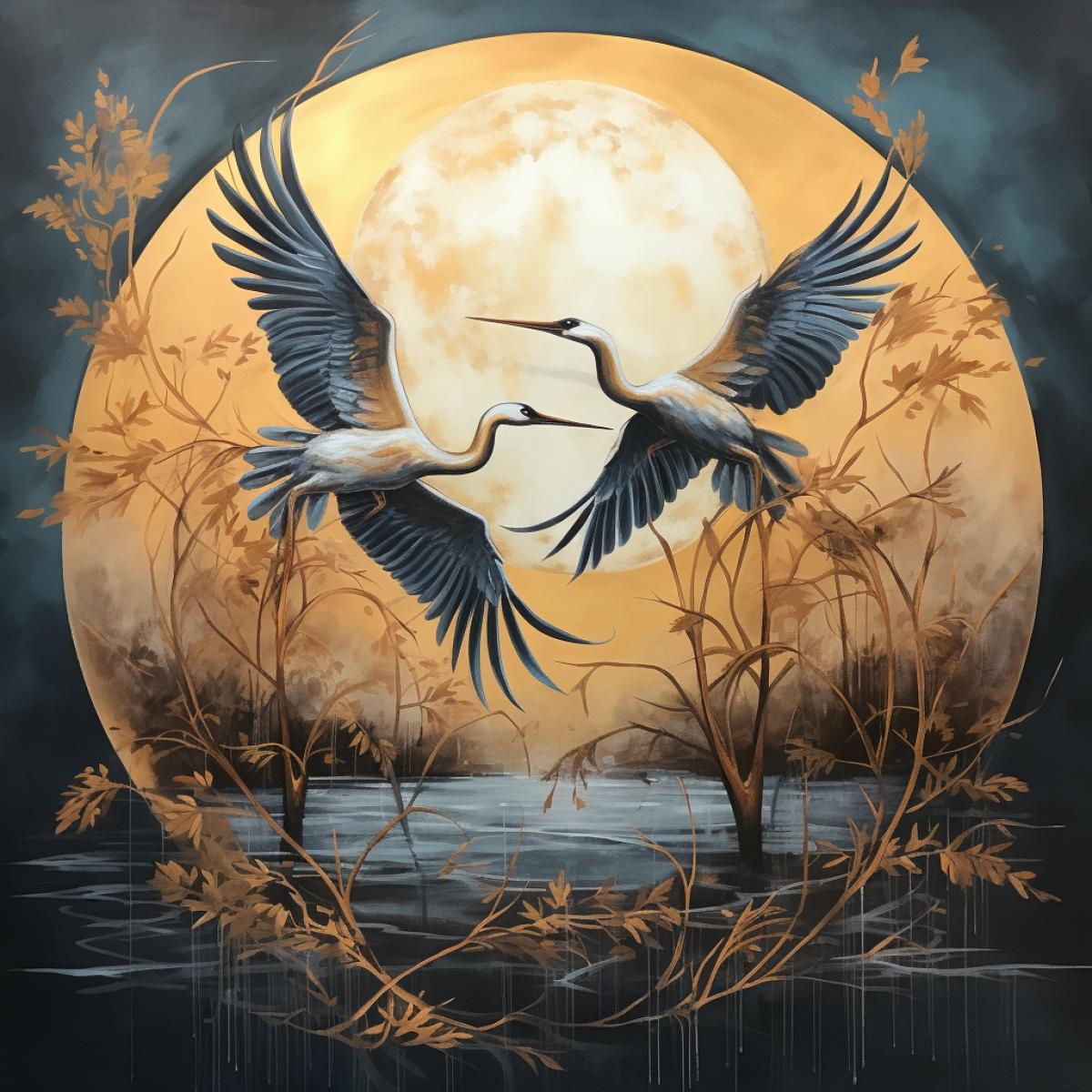the painting features two cranes flying over the moon, in the style of light indigo and dark gold, freehand painting, cheyenne art, traditional oil painting, wildlife photography