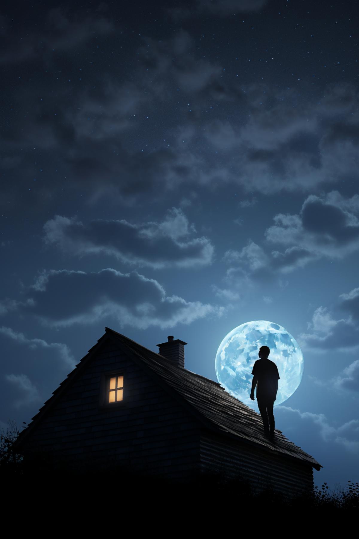 Sleepwalker on the edge of the house roof looking at giant moon in the sky