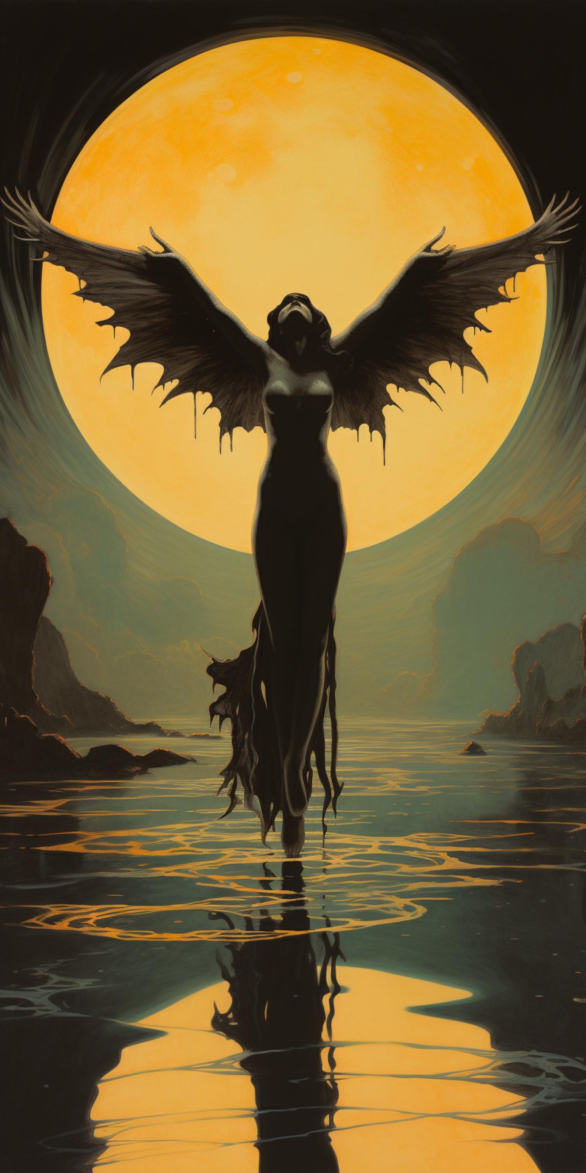a painting showing the silhouette of a dancing woman with large bat wings standing on the surface of water, illuminated by the moon in the background, few colors, grainy,