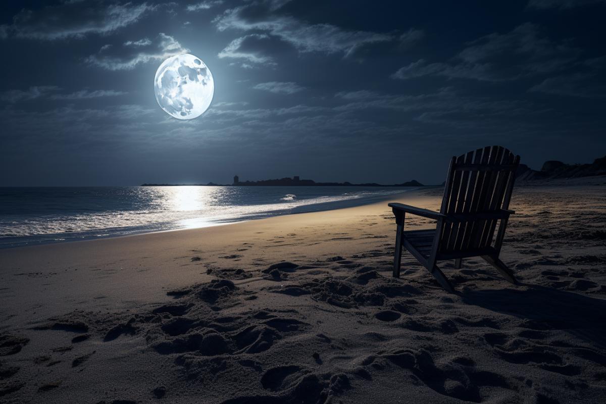chair on the beach by the full moon 2, in the style of noir atmosphere, 8k resolution, monochromatic color scheme, serene visuals, stephen shortridge, backlight