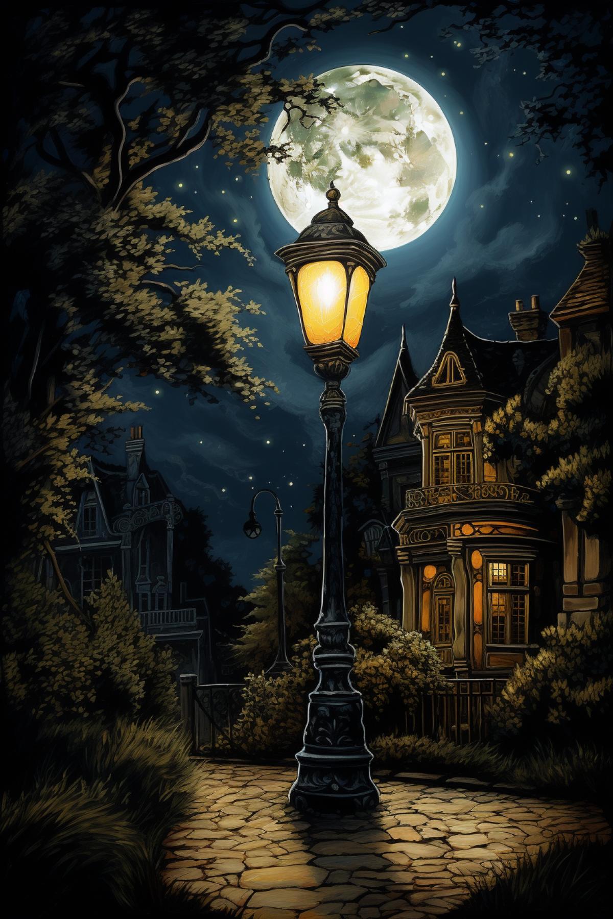 Night, street, lantern, moon