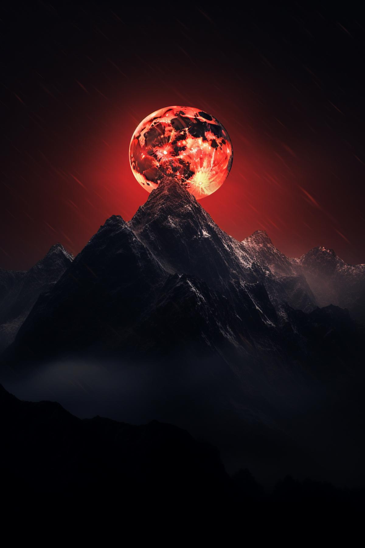 minimalism, fog, blurred out of focus, An cryptid realistic photo, full red molten moon over shambhala in high winter mountains, stunning night, full red molten moon over shambhala in high winter mountains, stunning night with stars, peaceful