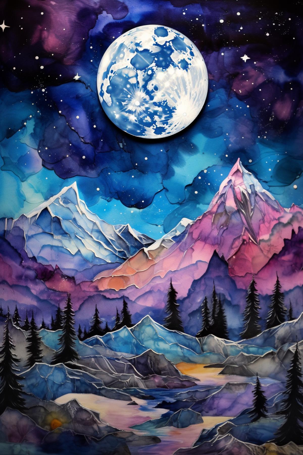 Moon, stars, and mountain, Alcohol ink and impasto mix painting, realistic photography, detailed, dynamic background, intricate details, rich colors, realistic style, front look