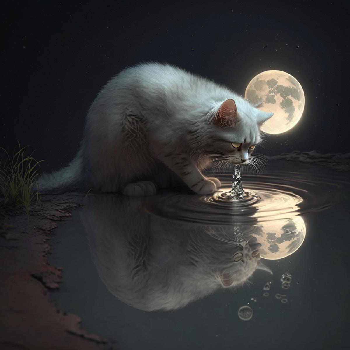 Moon cat drinks moonlight from a puddle