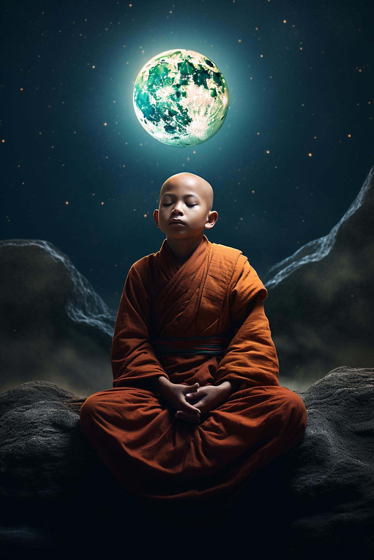 Little peaceful monk in style of zen buddhism get enlightenment from the fool moon, award winning photo, incredibly detailed, sharpen details, cinematic production still, cinematography, photorealistic, modern com4k, Unreal Engine, Cinematic, Color Grading, portrait photography, Ultra Wide Angle, Depth of Field, hyper detailed, beautifully coloured, insane detail, intricate detail, beautifully coloured, Unreal Engine, Cinematic, Colour Grading, Editorial Photography, Photography, Photo Shoot, Depth of Field, DOF, Tilt Blur, White Balance, Super Resolution, Megapixel, ProPhoto RGB, VR, Half Moon Lighting, Backlighting, Natural Lighting, Incandescent, Fiber Optic, Mood Lighting, Cinematic Lighting, Studio Lighting, Soft Lighting, Volumetric, Contre Jour, Beautiful Lighting, Accent Lighting, Global Illumination, Global Illumination, Global Illumination in Screen Space, Global Illumination by Ray Tracing, Optics, Dispersion, Brightness, Shadows, Roughness, Glare, Ray Tracing Reflections, L
