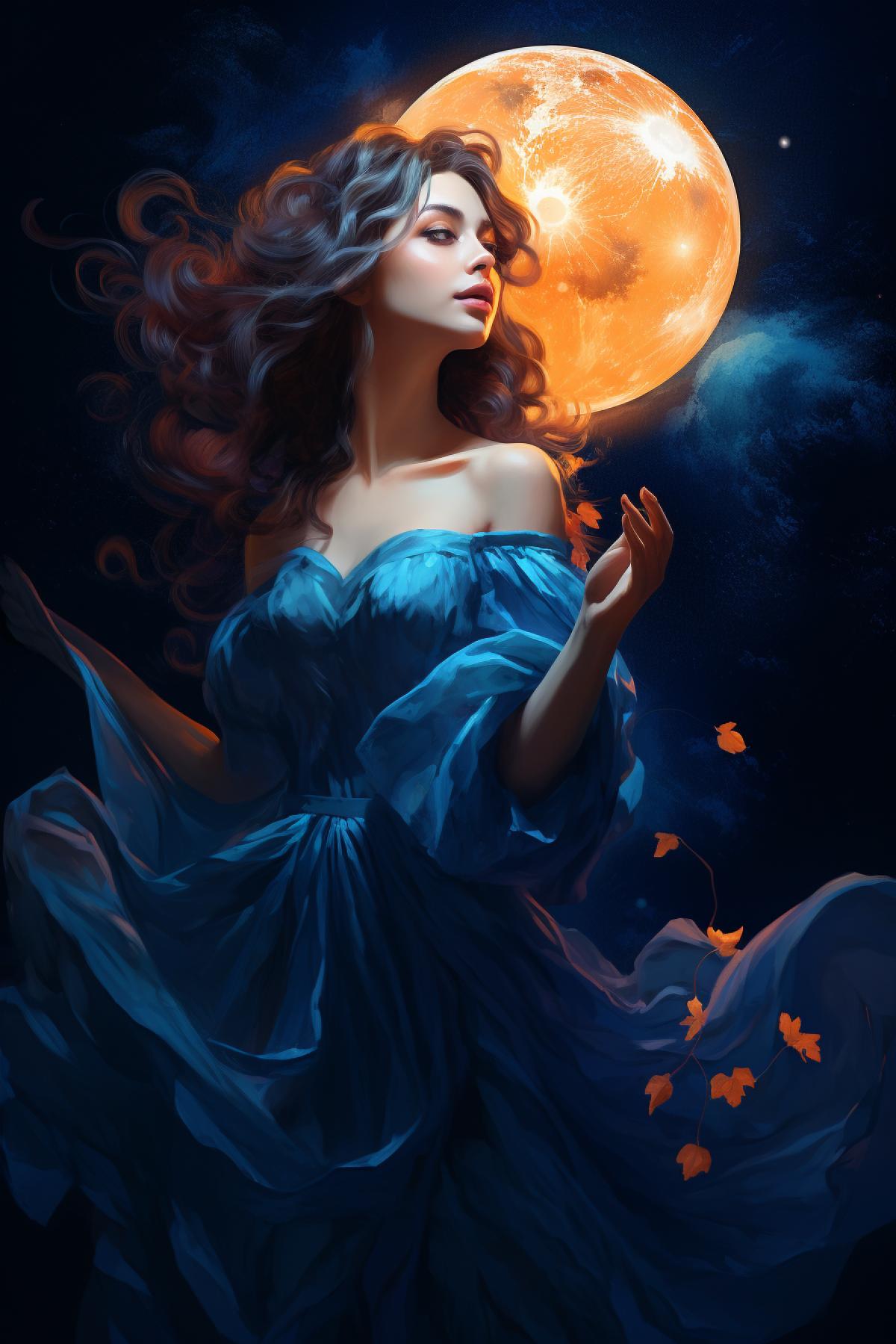 a girl in a violet dress is holding the moon and looking up, in the style of dark aquamarine and orange, dimitra milan, reylia slaby, fashion illustrations, colorful costumes, dazzling chiaroscuro, high resolution