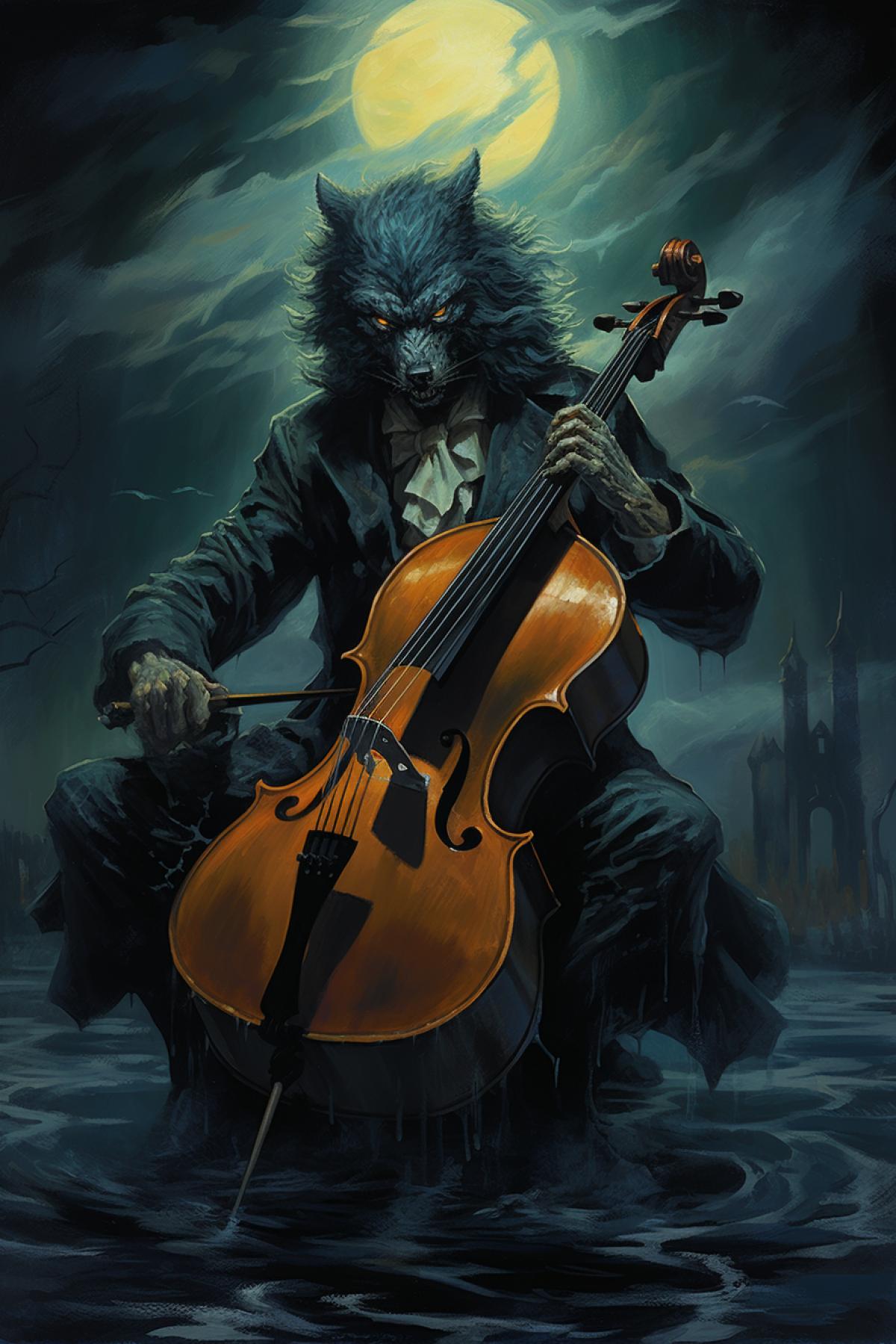 a werewolf playing the cello in front of the full moon,