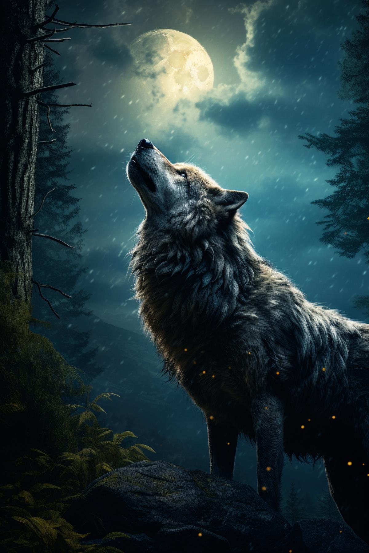 Moonlight night in the forest, the wolf howls at the moon very beautifully, atmospheric, hyper realism 8k