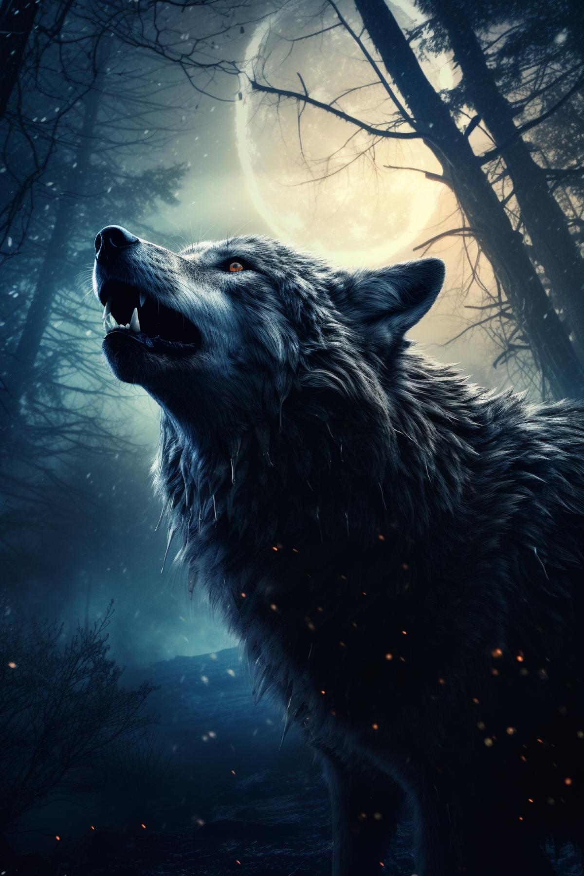 Moonlight night in the forest, the wolf howls at the moon very beautifully, atmospheric, hyper realism 8k