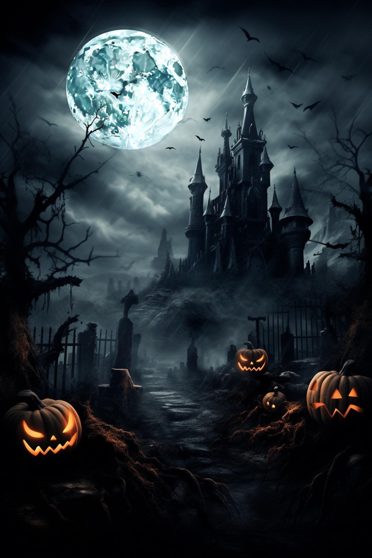A scary castle in front of graveyard at night, scary, bats, full moon, clouds, Halloween theme, glowing Halloween pumpkin, gothic, hyper realism, atmospheric