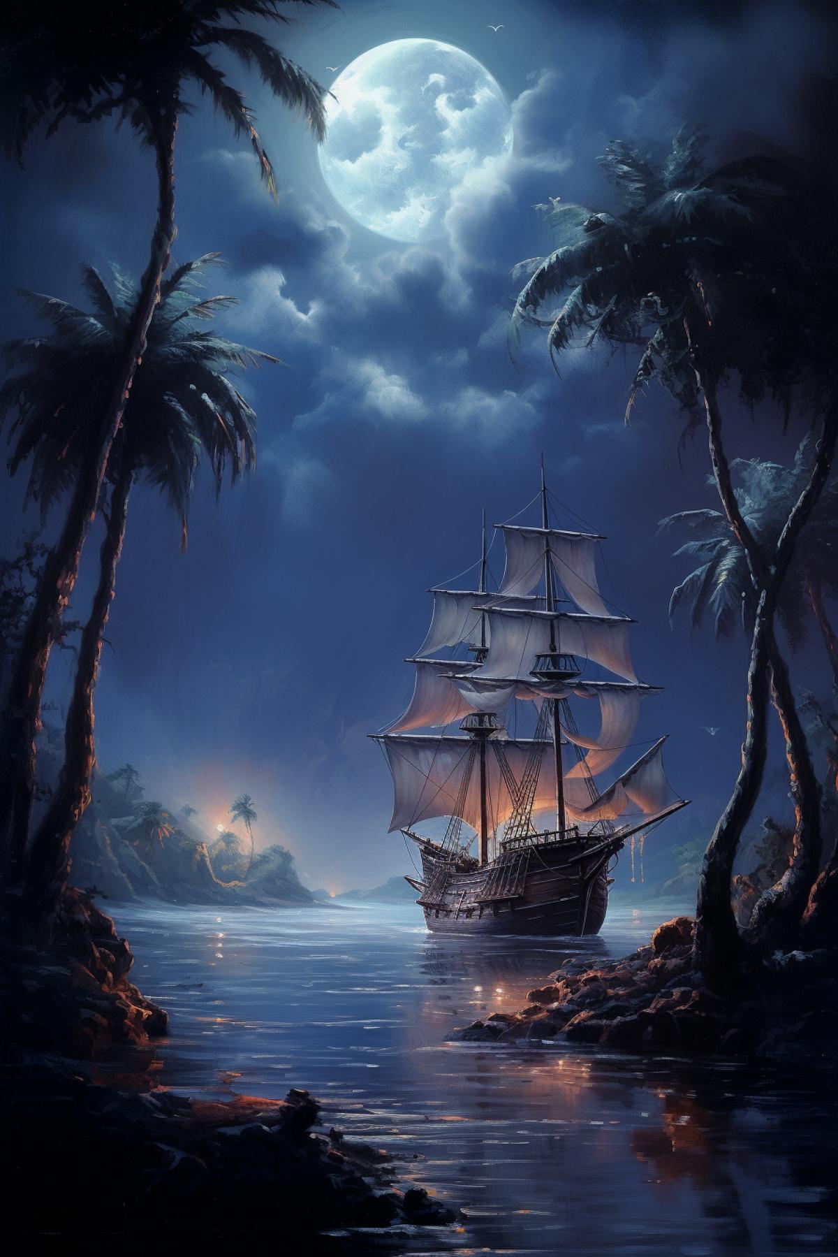 Serene night, seashore, palm trees, moon, fog, bay, pirate ghost ship, phantom, atmospheric, hyper realism