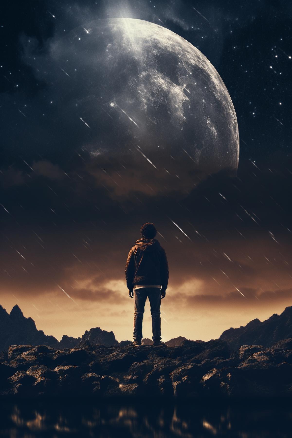 Man, cinematic 4k, Sensory Overload, Full Moon, Natural Soft Lighting, High Quality