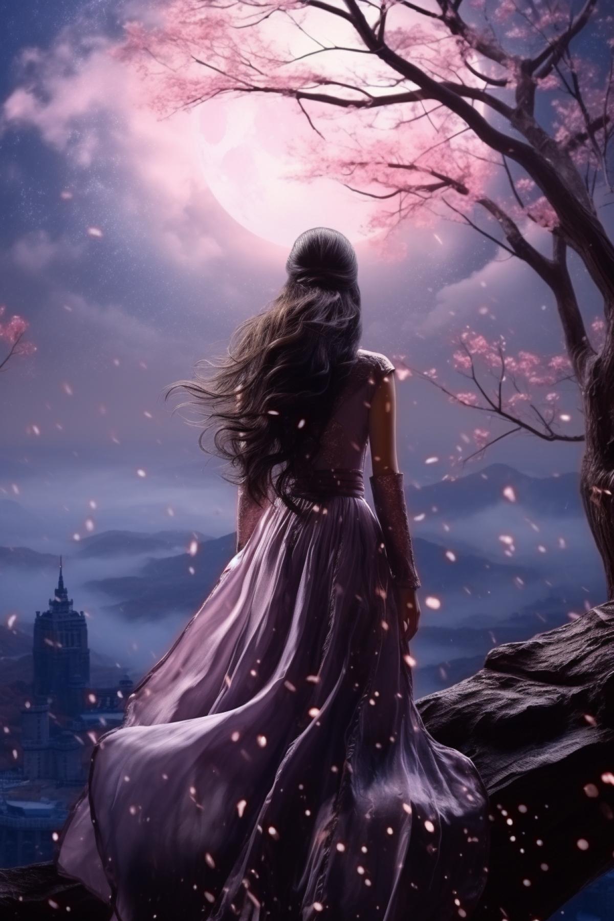 The girl stands on the edge of a cliff and looks into the distance, long developing hair in the wind, night, full moon, starfall, sakura petals, atmospheric, epic, hyper realism, dramatic