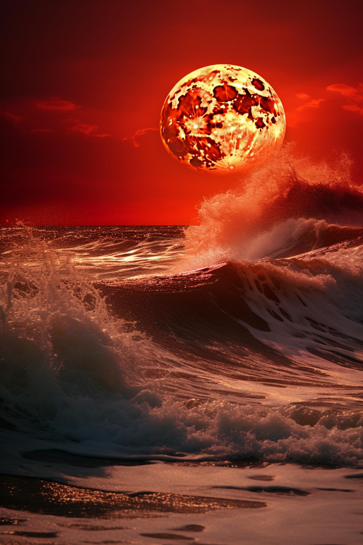 Tide on the seashore big waves enormous red moon in the sky