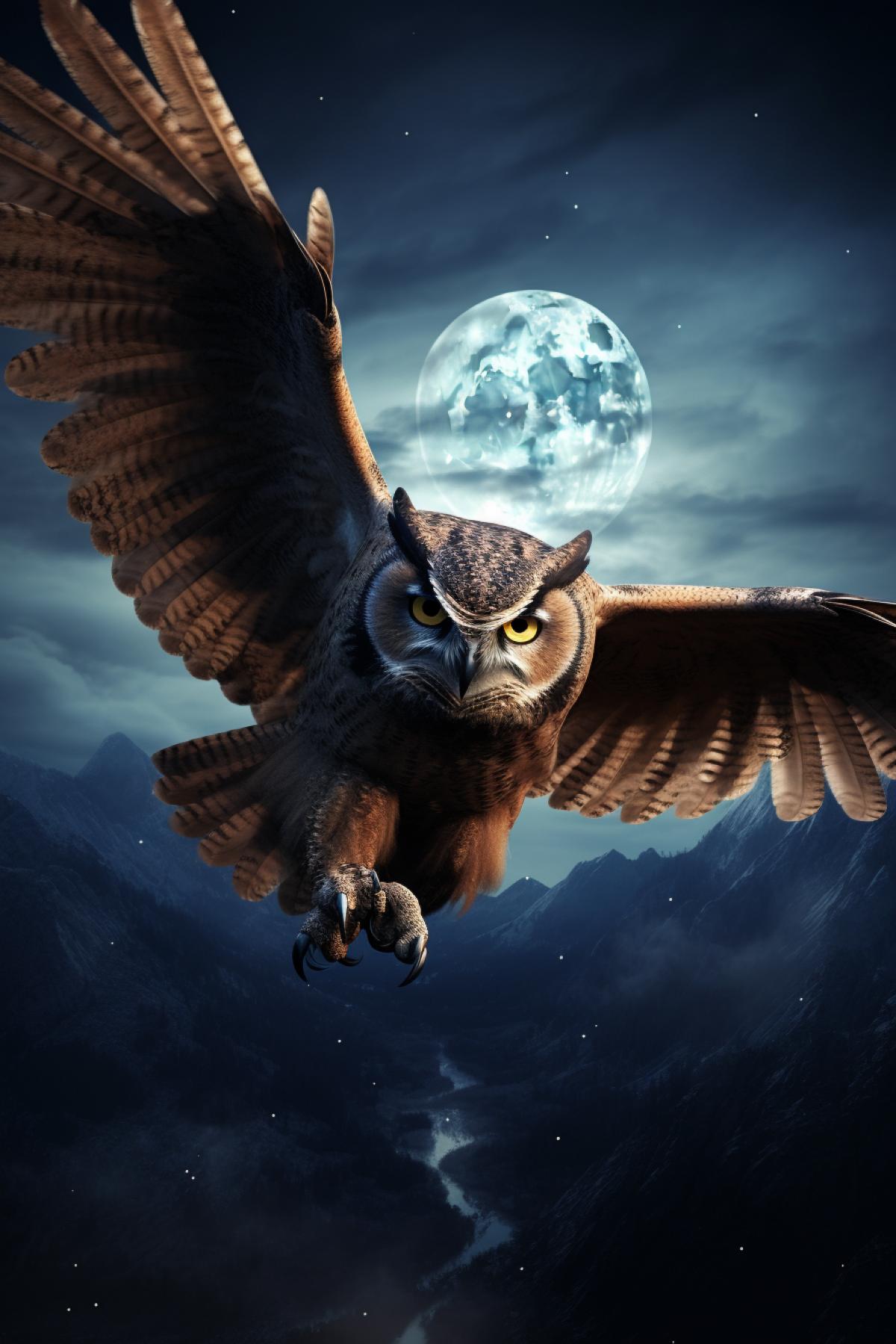 Flying Night owl hunting on the background of giant enormous moon