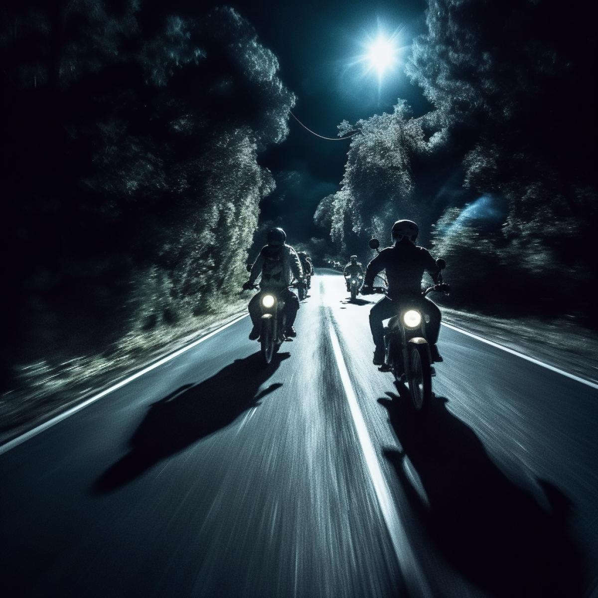 Night, moon, parallel world, bikers, flickering, glare, photography