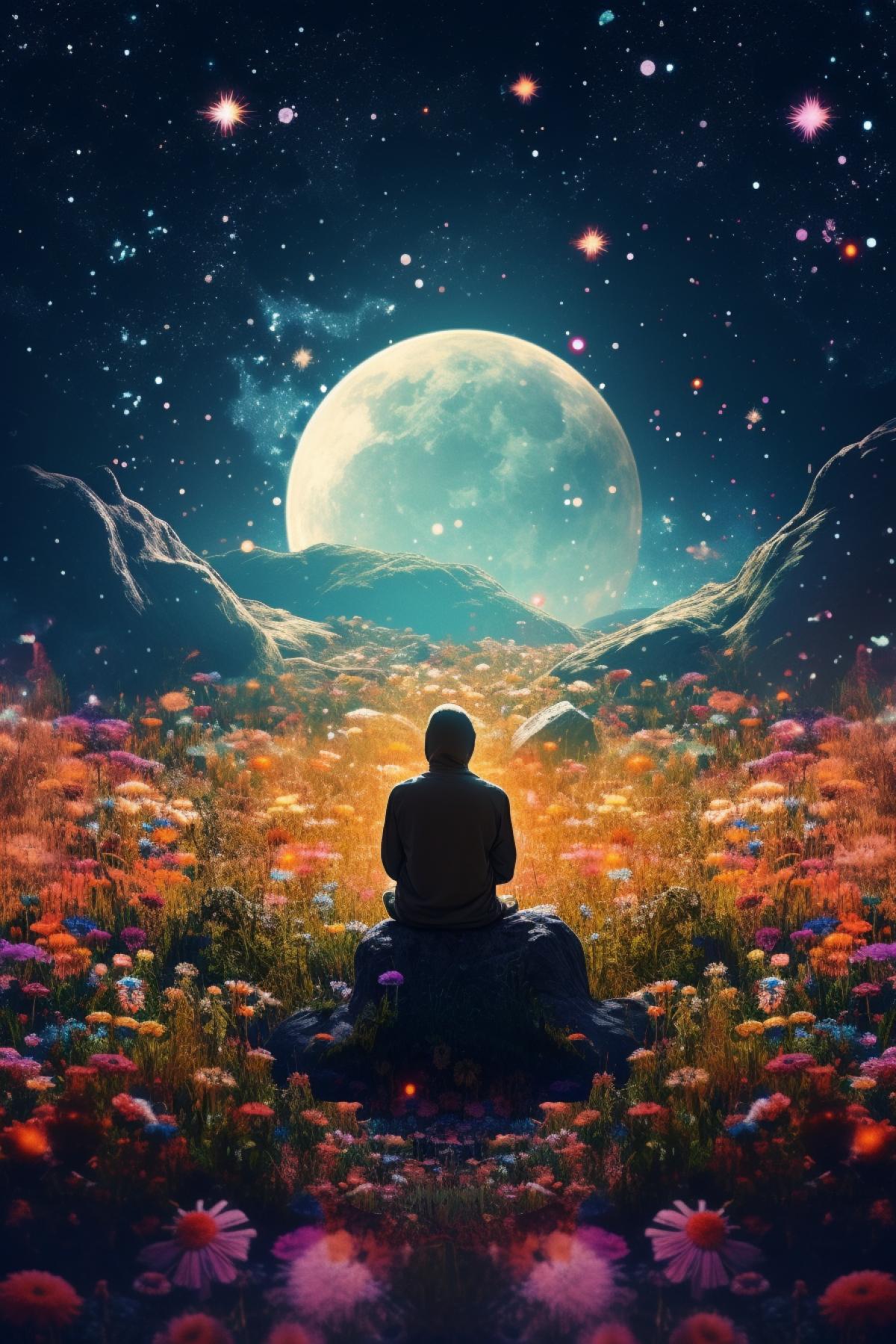 Man meditate and sitting in a field of flowers, on Moon, depth of view, beautiful colors, detailed, 4k